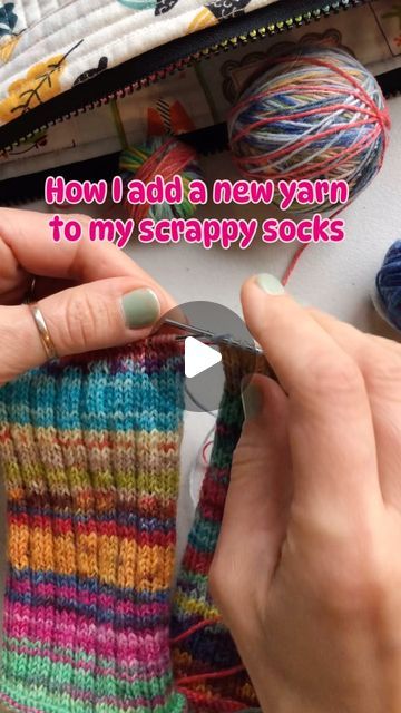 Scrappy Knits and Knitting Patterns / Jen on Instagram: "A little Saturday tutorial ☝🏻😊 I get a lot of questions about how I add a new yarn to my scrappy socks. This is how I do it ⬆️⬆️⬆️ I tried lots of other methods and I like this way best, even though I have to sew a million ends afterwards 😅 (I don’t mind). If you just starting to knit scrappy socks you could try adding a new yarn this way - or do a little research and find a way that is best for you. Or you could get my Scrappy Socks and How to Knit Them Instructions and find out about other methods (with linked videos). Available in my Etsy and Ravelry shops, link in bio ☝🏻😊🌈🧦 #easypeasyscrappysockskal2024" Scrap Socks Knitting, Scrappy Socks Knitting, How To Knit Socks For Beginners, Sock Yarn Scarf, Knitted Socks Pattern, Sock Yarn Hat, Sock Yarn Projects, Sock Yarn Patterns, Knit Socks Tutorial