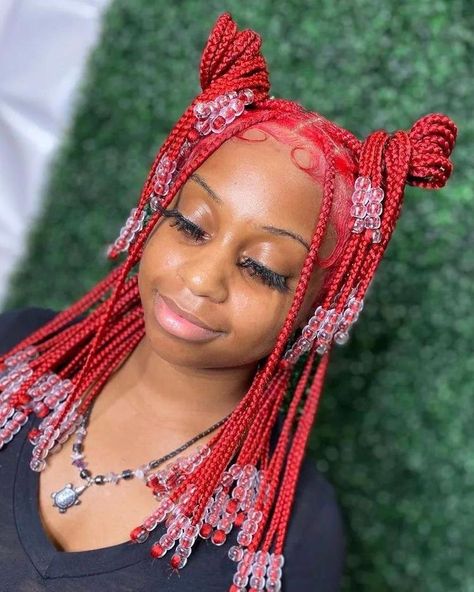 #boxbraidshairstyles #boxbraids #braidedhairstylesforblackwomen #braids #braidstyles #braidedhair #braidsforblackwomen #braidshairstyle #braidswithbeads Red Short Knotless Braids With Beads, Red Knotless Box Braids With Beads, Short Red Braids With Beads, Red Short Knotless Braids, Red Knotless With Beads, Braided Hairstyles Red Hair, Red Knotless Braids With Beads, Red Braids Hairstyles, Red Braids With Beads