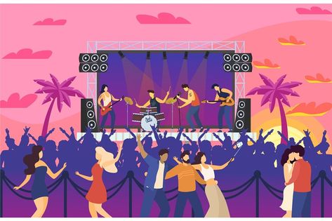 Music festival people dancing at concert entertainment and having fun performance, rock fest, crowd celebrating outdoor summer vector illustration. Tropical music disco dance festive event. Crowd Animation, Fest Illustration, Concert Illustration, Entertainment Illustration, Festival Illustration, Rock Fest, Mural Inspiration, Summer Vector, Festival Aesthetic