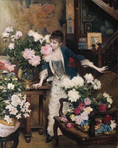 The Flower Girl Albert Aublet (French, 1851-19 Lady Butler Paintings, 1900s Paintings Women, Albert Aublet, French Paintings Of Women, Woman In The Garden Painting, Fairy Paintings Victorian, Flower Girl Signs, Smelling Flowers, Australian Painting