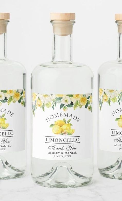 Limoncello Wedding, Bridal Shower Favors Diy, Lemon Themed Bridal Shower, Liquor Bottle Labels, Homemade Limoncello, Floral Greenery, Custom Wedding Favours, Elegant Watercolor, Liquor Bottle