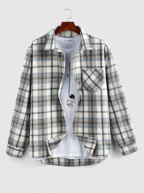 Plaid Print Wool Blend Pocket Shirt - Light Blue L Long Sleeve Shirts For Men, Denim Short Jumpsuit, Shirts Style, Sweater Dress Casual, Long Sweater Dress, Long Sleeve Plaid Shirt, Pocket Shirt, Romper With Skirt, Mens Casual Outfits