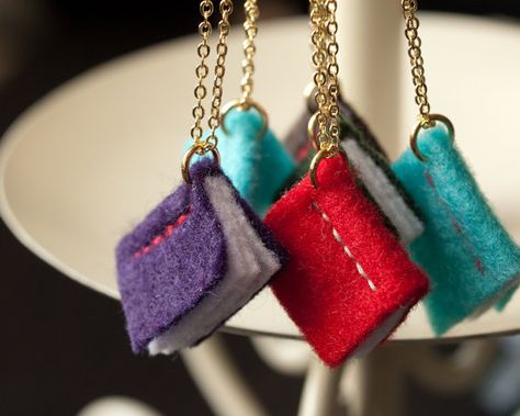 Felt Book Pendant Necklace Bookmark Felt, Felted Ornaments, Embroidery Felt, Book Pendant, Felt Bookmark, Girl Scout Swap, Felt Books, Book Necklace, Felt Book