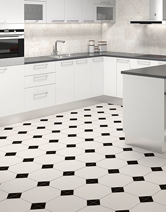 Adu Kitchen, White Kitchen Floor, White Tile Kitchen Floor, Black And White Flooring, Ideas Cocina, Black White Kitchen, Black Floor Tiles, White Kitchen Tiles, Kitchen Tiles Design