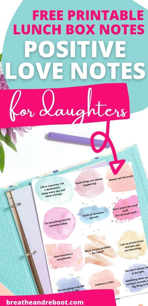 Mock up image of small note cards for girls with positive messages typed on watercolor backgrounds. Lunch Notes For Daughter, Lunch Box Notes For Daughter, Positivity Cards, Father Daughter Pictures, Mother Daughter Journal, Encouragement Posters, Notes Of Encouragement, Positivity Notes, Daughter Pictures