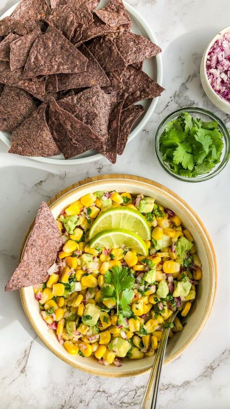 Avocado Corn Salsa Salsa Chunky, Avocado Corn Salsa, Chunky Chef, Corn Salsa, Pita Chips, Canned Corn, Grilled Fish, Frozen Corn, Fresh Corn