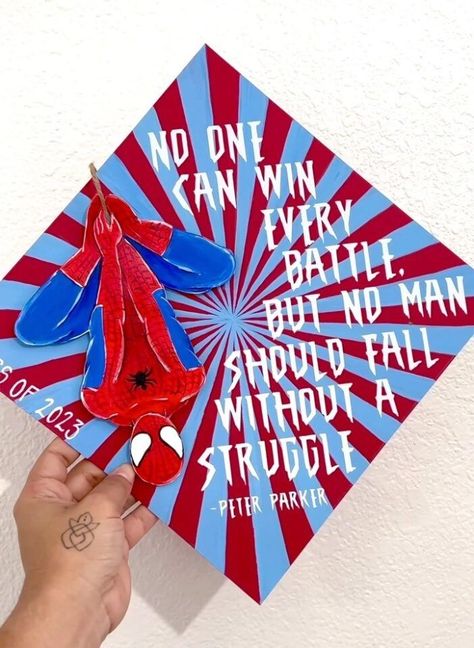 70+ Amazing Graduation Cap Ideas You Will Love; spider man graduation cap! This board includes everything from graduation cap, graduation cap ideas, graduation cap decoration, graduation cap designs college, graduation cap designs funny, graduation cap designs college to graduation cap designs high school, graduation cap designs aesthetic & more! This also includes graduation cap ideas simple, graduation ideas & more! #graduation #graduationcapdesigns #graduationcapideas Spider Man Graduation, Graduation Cap Designs Funny, Graduation Cap Designs Aesthetic, Funny Graduation Cap Designs, Graduation Cap Designs High School, High School Graduation Cap Designs, Graduation Cap Designs College, Graduation Cap Ideas, Grad Quotes