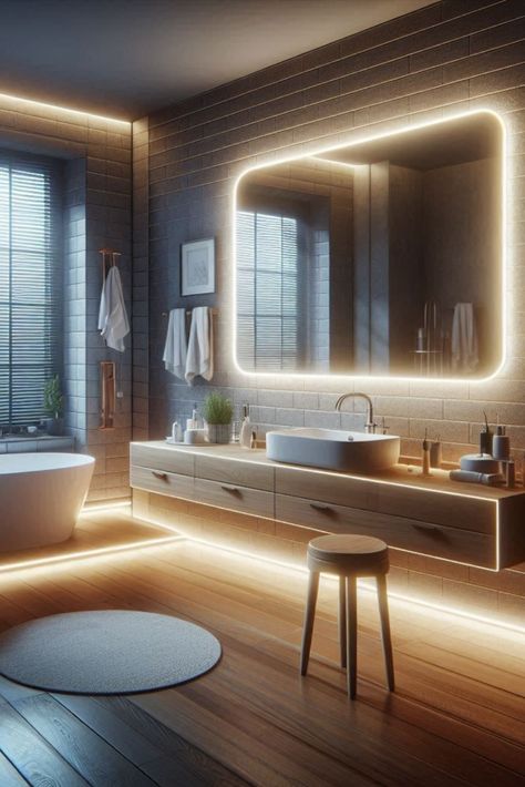 Add a subtle glow to your bathroom with LED strip lights under the vanity. A modern touch of sophistication. #UndercabinetLighting #LEDStrips Lights In Bathroom, Urban Lighting Design, Underglow Lights, Bathroom Led, House Updates, Urban Lighting, Led Strip Lights, Led Stripes, In Bathroom