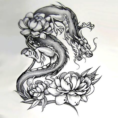 Japanese Dragon With Peonies Tattoo Design but I'd probably change it to Japanese cherry blossoms Dragons Tattoo, Tato Naga, Japanese Tattoo Symbols, Chinese Dragon Tattoos, Japanese Dragon Tattoo, Dragon Tattoo For Women, Japanese Dragon Tattoos, Tattoos For Women Flowers, Tattoos Geometric