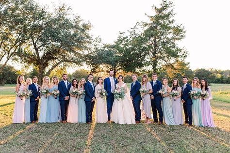 Pastel Bridesmaid Dresses With Groomsmen, Pastel Bridal Party Groomsmen, Pastel Groomsmen, Farmhouse Chic Wedding, Pastel Bridal Party, Navy Bridal Parties, Purple Groomsmen, Light Purple Bridesmaid Dresses, Blue Groom