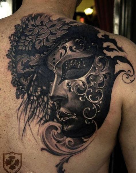 Best cover up tattoos ideas Venetian Mask Tattoo, Pepper Tattoo, Black Crow Tattoos, Tatuaje Trash Polka, Horrible Tattoos, Best Cover Up Tattoos, Full Sleeve Tattoo Design, Mask Tattoo, Large Tattoos