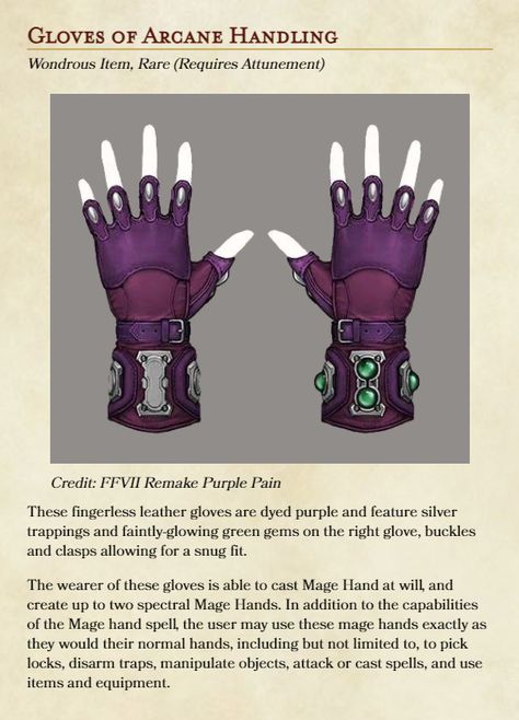 Dnd Spellcaster Items, Rogue Items 5e, Magic Gloves Dnd, Rogue Magic Items 5e, Magic Gloves Fantasy Art, Dnd Magic Items, Arcane Style, Arcane Oc, Magical Artifacts