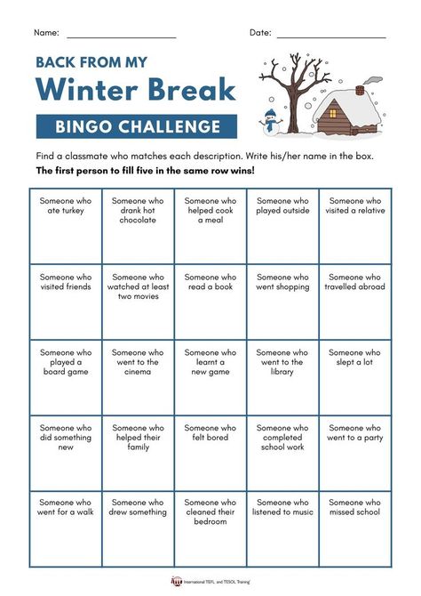 Winter Break Activities, Bingo Challenge, Holiday Bingo, Summer Bingo, Teach English Online, Summer Worksheets, Teaching English Abroad, Christmas Writing, Spring Words