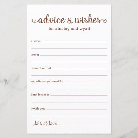 These simple, terracotta and white, modern, minimal, handwritten script Advice & Wishes sheets are perfect to have bridal shower, rehearsal dinner or wedding guests fill out for the happy couple. People will love having the prompts - they make it so easy to leave loving words of advice and well wishes. They will be treasured for years to come. Modern Gold Wedding, Loving Words, Words Of Advice, Wishes For The Bride, Bride Game, Wedding Advice Cards, Spanish Wedding, Just Engaged, Lgbtq Wedding