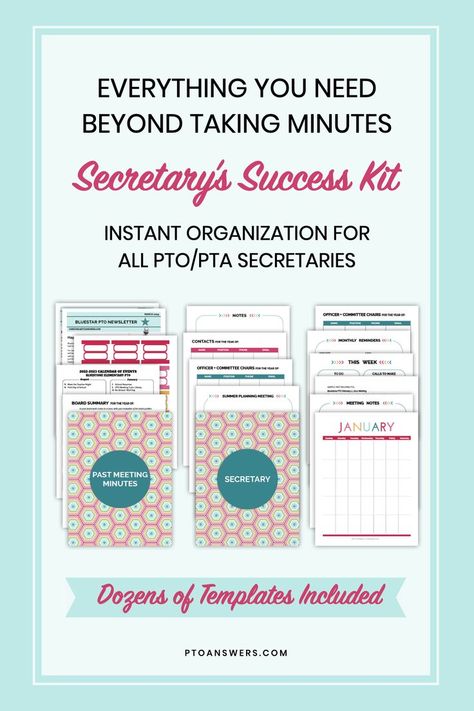 Organize all of your papers as PTO Secretary or PTA Secretary Chair with these printable binder pages and binder dividers to create the most orderly planner. The beautiful striped rainbow-esque design will look gorgeous! You'll spend less time looking for what you need, leaving you with more time for family or Netflix! You will also love the printable forms and meeting minute template . Pto Secretary, Pta Secretary, Communication Template, Pta Organization, School Volunteer, School Secretary, Best Year Ever, Binder Dividers, The Secretary