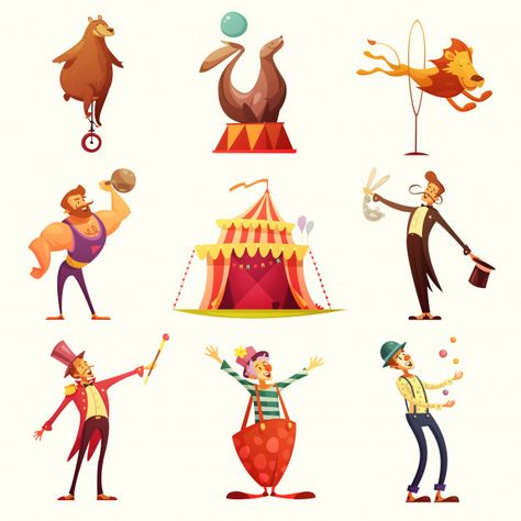 More than 3 millions free vectors, PSD, photos and free icons. Exclusive freebies and all graphic resources that you need for your projects Vintage Carnaval, Personal Project Ideas, Retro Icons, Circus Background, Circus Illustration, Mid Century Illustration, Retro Cartoon, Circus Theme, Vintage Circus