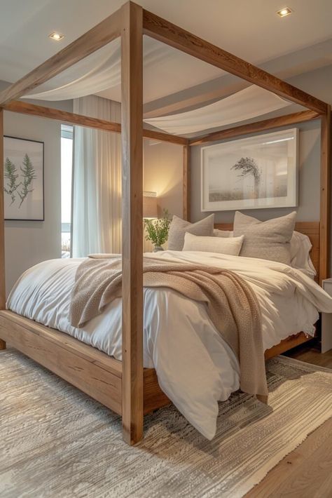 Oakleigh Canopy Bed, Small Room Canopy Bed, 4 Post Bedroom Ideas, Four Post Bedroom Ideas, Canopy Beds For Adults, Rustic Canopy Bed Ideas, Bedroom Ideas With Canopy Bed, Bedroom Ideas With Canopy, Diy 4 Poster Bed