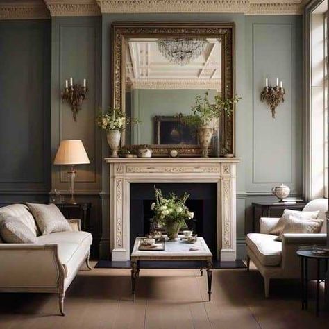 Victorian Inspired Interior, Victorian Living Room With Fireplace, Living Room Colonial, Vintage House Interior Victorian, Green Victorian Living Room, 1700s House, Modern Colonial Living Room, Contemporary Victorian Interiors, Victorian Farmhouse Interior