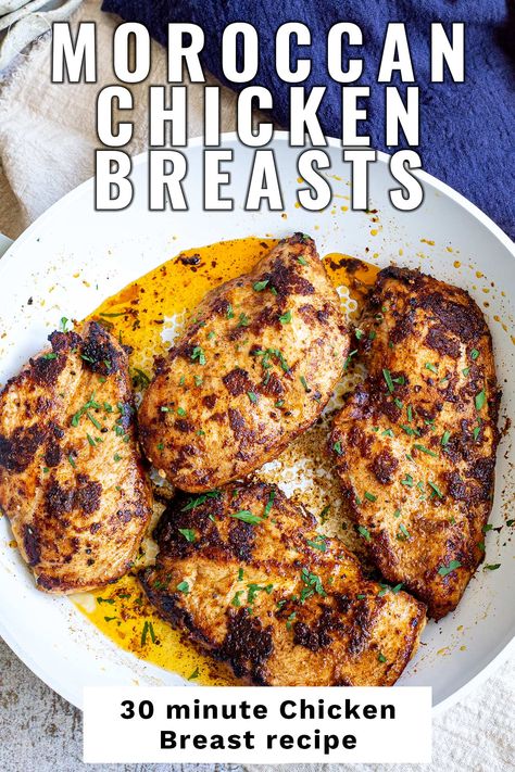 This Moroccan Chicken Breast recipe is surprisingly simple. It uses a few basic ingredients to create a delicious, easy dinner. The chicken breasts are marinated with spices and olive oil and then pan-fried until golden brown. The result is a fragrant dish loaded with flavor, perfect for the family or a dinner with friends. They can be served with rice, couscous, roasted vegetables, or a side salad. Or, once cooked, you can chop the chicken and use it as a filling for wraps or sandwiches. Moroccan Roasted Chicken, Foreign Dinner Recipes, Moroccan Food Recipes Traditional, Moroccan Orange Cake Recipe, Middle Eastern Chicken Recipes, Moroccan Orange Cake, Foreign Cuisine, Moroccan Chicken Recipe, Middle Eastern Chicken