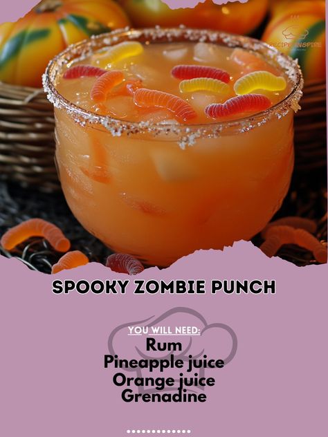 Raise your spirits with our Spooky Zombie Punch! A fun and fruity drink that’s perfect for Halloween celebrations! 🧟‍♂️🍹 #ZombieSips Spooky Zombie Punch Ingredients: Rum (2 oz) Pineapple juice (1 cup) Orange juice (1 cup) Grenadine (1 oz) Club soda (1 cup) Gummy worms (for garnish) Instructions: In a large bowl, combine rum, pineapple juice, and orange juice. Slowly pour in grenadine for a layered effect. Top with club soda and stir gently. Garnish with gummy worms for a spooky touch. 🧟‍♂... Zombie Punch, Sherbet Punch, Yummy Alcoholic Drinks, Gummy Worms, Fruity Drinks, Boozy Drinks, Club Soda, Alcohol Drink Recipes, Halloween Celebration