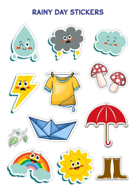 Rainy day stickers Monsoon Journal Ideas, Monsoon Day Celebration In School, Rainy Season Decoration For School, Rainy Day Celebration In Preschool, Rainy Day Decoration In Preschool, Rainy Season Decoration, Rainy Season Board Decoration Ideas, Rainy Stickers, Rainy Day Stickers