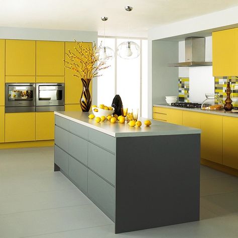 Matt grey and yellow kitchen from Jewson | Mixed-finish kitchens - 10 best | housetohome.co.uk Modern Yellow Kitchen Design, Corporate Kitchen, Yellow Kitchen Inspiration, Farmhouse Kitchen Cabinet Decor, Yellow Kitchens, Yellow Kitchen Designs, Yellow Kitchen Cabinets, Kitchen Cabinets Color Combination, Kitchen Yellow