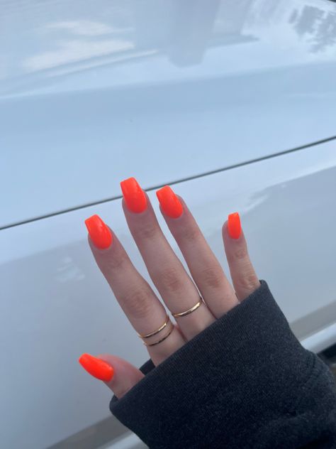 Bright Orange Square Nails, Bright Nails Coffin, Plain Orange Nails, Coffin Orange Nails, Orange Square Acrylic Nails, Bright Orange Summer Nails, Neon Orange Acrylic Nails, Hot Orange Nails, Orange Square Nails