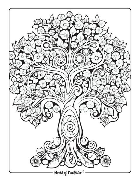 Family Tree Coloring Page, Tree Of Life Coloring Pages, Tree Coloring Pages Free Printable, Trees Coloring Pages, Colouring Patterns, Coloring Sheets For Adults, Mandala Tree, Tree Mandala, Jungle Coloring Pages