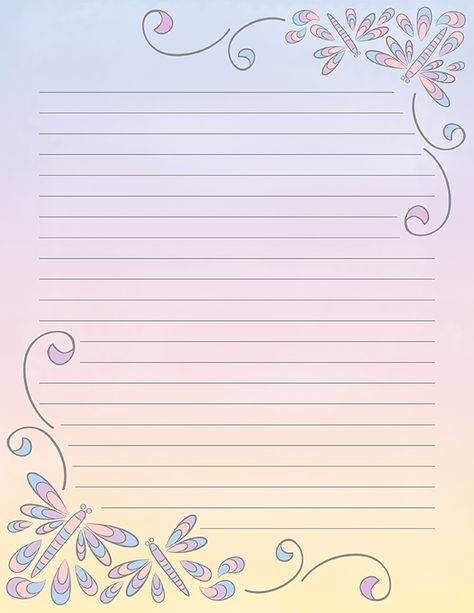 Free printable pastel dragonfly stationery in JPG and PDF formats. The stationery is available in lined and unlined versions. Download it at https://museprintables.com/download/stationery/pastel-dragonfly/ Spring Writing Paper, Spring Stationery, Printable Lined Paper, Writing Paper Printable Stationery, Free Printable Stationery, Writing Paper Printable, Stationary Paper, Paper Butterfly, Printable Recipe Cards