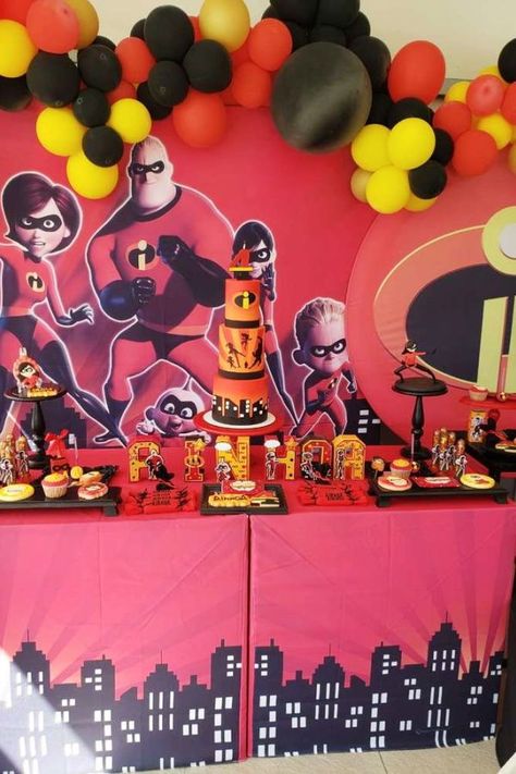 Check out this fun Incredibles party!! The dessert table will blow you away! See more party ideas and share yours at CatchMyParty.com Incredibles Birthday Party Decorations, The Incredibles Birthday Party, Incredibles Birthday Cake, Incredibles Party, Incredibles Birthday Party, Dessert Table Backdrop, Superhero Birthday Cake, Dessert Table Decor, Bridal Shower Cakes