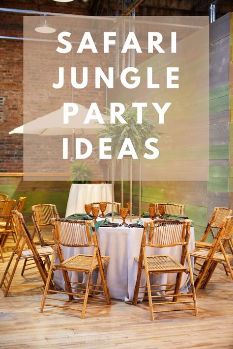 Here are some safari jungle party ideas for the adults' table. We used textured wicker charges, jungle green linens, and earth tone glassware on the table. I loved the bamboo chairs that brought the whole safari theme together. We topped it off with a tall green foliage centerpiece that had everyone feeling like they were sitting under the trees in the jungle. Check out our blog for more jungle party ideas! Jungle Theme Parties For Adults, Jungle Theme Birthday Party For Adults, Safari Theme Party Adults, Safari Party For Adults, Jungle Centerpieces Ideas Safari Theme, Elegant Safari Theme Party, Adult Jungle Theme Party, Jungle Centerpieces Ideas, Safari Centerpiece Ideas