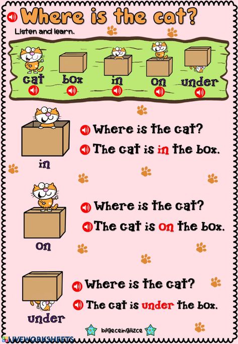 Where is the cat?(Listening) - Interactive worksheet Where Is Where Are Worksheet, Where Worksheet, Prepositions Kindergarten, Listening Worksheet, Teaching Prepositions, Reading Games For Kids, 2nd Grade Grammar, Phonics Chart, Reading Comprehension For Kids