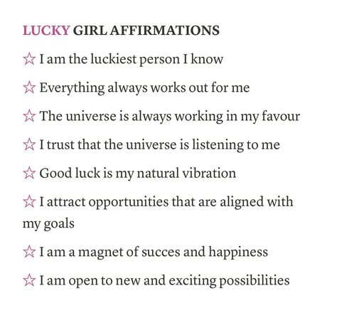 Lucky girl affirmations! 🩷 Follow @rorasubs for daily subliminals, manifestation, and affirmations ♡ #affirmations #manifestation #subliminals #rorasubs #affirming #manifesting #subs #iattract #idontchaseiattract #lucky #luckygirl #luckygirlsyndrome #universe Lucky Girl Affirmations, Lucky Affirmations, Lucky Aesthetic, Universe Affirmations, Girl Affirmations, Affirmation Board, Self Concept, Daily Positive Affirmations, Positive Self Affirmations