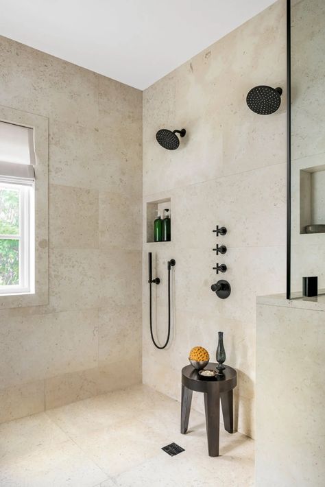 The Antithesis of a ‘White, Modern Box’ - The New York Times Japanese Inspired Bathroom, Travertine Bathroom, Modern Miami, White Marble Bathrooms, Modern Bathroom Ideas, Mediterranean Interior, Mediterranean Style Home, Mediterranean Style Homes, Miami Houses