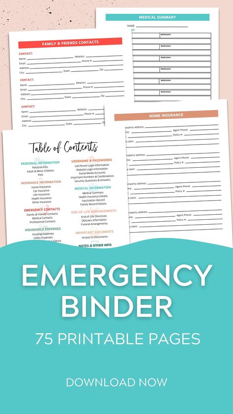 Emergency Binder Free Printables, Emergency Binder Printables, In Case Of Emergency Binder, Document Binder, Document Checklist, Doc Mcstuffins Coloring Pages, Study Binder, Emergency Preparedness Binder, Organizing Important Papers