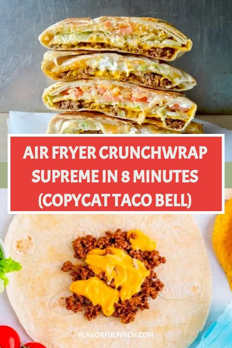 Air Fryer Crunchwrap Supreme In 8 Minutes (Copycat Taco Bell) - Flavorfulpinch Supreme Crunch Wrap, Taco Bell Recipe, Crunch Wrap Supreme Recipe, Copycat Taco Bell, Taco Bell Recipes, Crunchwrap Supreme, Crunch Wrap, Fast Food Items, Shredded Lettuce