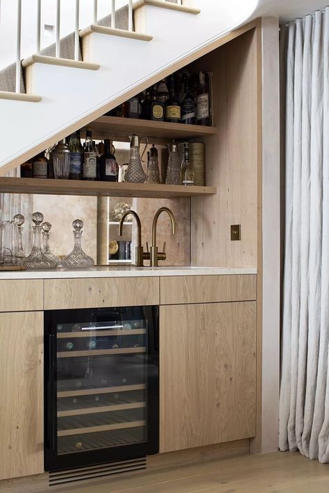 Bar Under Stairs, Kitchen Under Stairs, Under Stairs Pantry, تحت الدرج, Under Stair, Sawn Timber, Under The Stairs, Built In Bar, Home Coffee Bar