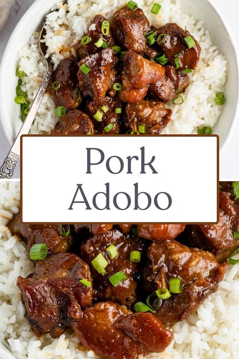 Tender, slow-cooked pork adobo is an easy recipe full of rich, tangy, slightly sweet flavors. Serve it over a bed of rice or on its own for a simple but delicious meal! Pork Adobo Recipe, Filipino Pork Recipes, Asian Pork Recipes, Pork Shoulder Recipes, Bowl Of Rice, Pork Adobo, Adobo Recipe, Slow Cooked Pork, Easy Chinese Recipes