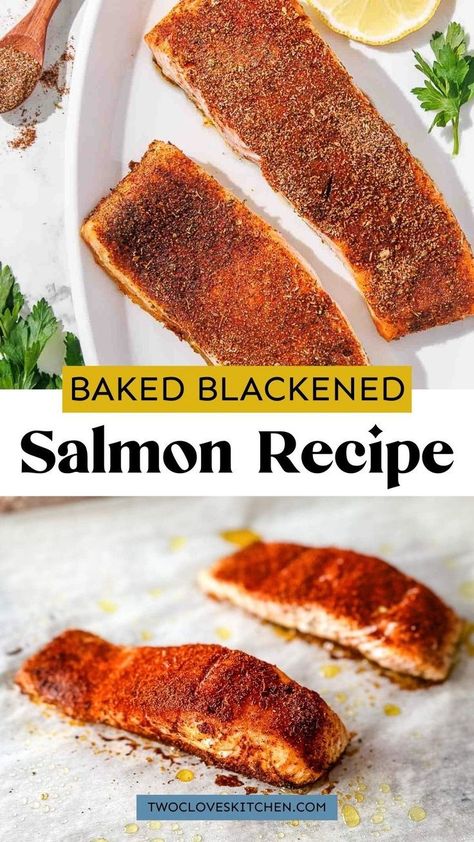 The best baked blackened salmon recipe you'll ever try! This oven baked blackened salmon recipe has rich, savory salmon dusted with smoky, spicy blackening seasoning. Ready in about 30 minutes, it's an easy and versatile weeknight main dish! Make this healthy salmon recipe on a baking sheet in the oven. Grab the seasoning recipe as well to make blackened salmon. Add this to your fall recipes for a delicious main dish on a weeknight! The best blacked salmon dinner recipe. Blacked Salmon, Salmon Recipes Dinner, Easy Healthy Meals For Dinner, Baked Salmon Recipes Oven, Baked Blackened Salmon, Fish Recipes Salmon, Blackened Salmon Recipes, Salmon In The Oven, Blackening Seasoning