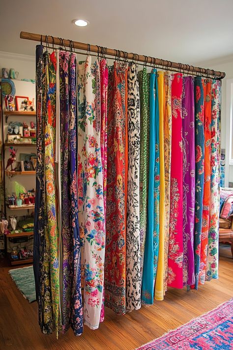 Diy Boho Curtains Bedroom, Diy Room Screen, Hanging Fabric From Ceiling, Curtains Instead Of Closet Doors, Diy Curtains Ideas, Diy Room Divider Ideas, Room Divider Ideas Diy Cheap, Room Within A Room, Makeshift Closet