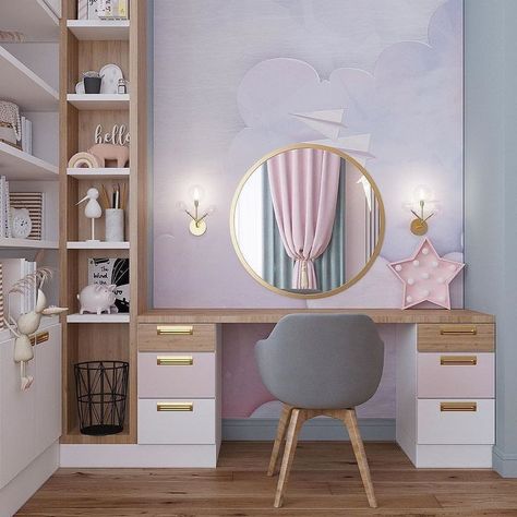 Pink Office Decor, Study Buddy, Kids Bedroom Designs, Vanity Room, Kids Interior Room, Bedroom Renovation, Online Study, Dresser Decor, Kids Interior