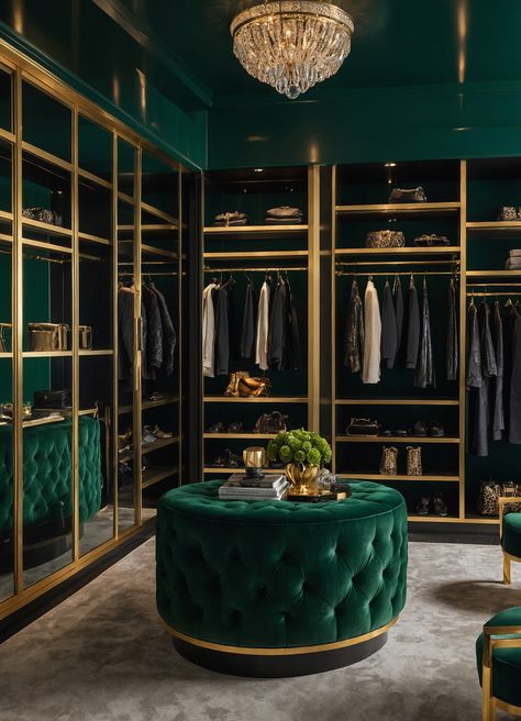 Dark Green Office, Luxurious Walk In Closet, Royal Bedroom, Summer Interior, Dark Green Walls, Marble Island, Living Room Warm, Closet Layout, Shaker Style Doors