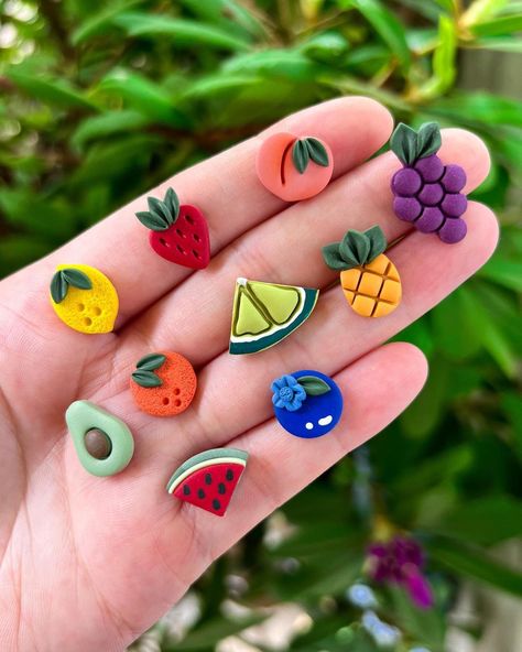 POLYMER CLAY EARRINGS| Lizbeth 🌸 on Instagram: “All fruit studs will be buy 3 get 20% off with code FRUITSTUDS20 😘 PROMO ENDS 5/30 @ 11:59 PM • Available TODAY, May 29th @ 6PM PST 🤍 •…” Clay Fruit, Polymer Clay Studs, Clay Studs, New Fruit, All Fruits, Fruit Earrings, Earrings Summer, Washington Usa, Summer Earrings