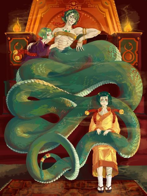 Naga queen and her maids Naga Reference, Naga Poses, Naga Oc, Naga Queen, Naga Art, Historic Posters, Inktober 2024, Fantasy Stuff, Magical Creature