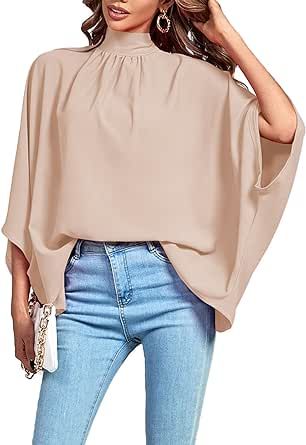 Solid color, mock neck, batwing short sleeve, pleated design under the neckline, soft and comfortable to wear. Loose pullover plain tunic for women and girls. Cape Shirt, Batwing Sleeve Shirt, Tie Back Blouse, Pleated Shirt, Casual Tie, Loose Pullover, Oversized Blouse, Top Shirt Women, Womens Tops Summer