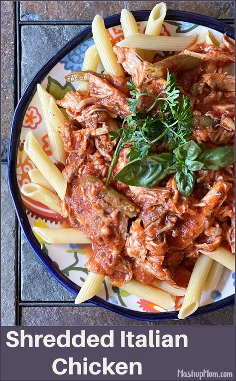 Today's easy Shredded Italian Chicken is a flavorful dump-and-go recipe for the Instant Pot or slow cooker. Even better, it's a two-fer! Just shred it up after cooking to serve over pasta, then enjoy the leftovers as sandwiches the next night. Italian Shredded Chicken Recipes, Shredded Italian Chicken Crockpot, Shredded Chicken And Gravy Instant Pot, Shredded Italian Chicken, Frozen Shredded Chicken Instant Pot, Shredded Barbecue Chicken Instant Pot, Tiktok Pasta, Aldi Meal Plan, Organic Pasta