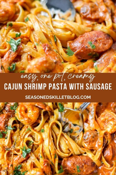 One Pot Creamy Cajun Shrimp Pasta with Sausage One Pot Cajun Pasta, Cajun Shrimp Pasta With Sausage, Cajun Seafood Pasta, Cajun Pasta Recipes, Shrimp And Sausage Pasta, Spicy Shrimp Pasta, Cajun Sausage Pasta, Creamy Cajun Shrimp, Linguini Pasta