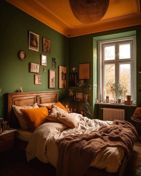 Yellow House Aesthetic Interior, White Green Orange Bedroom, Green Yellow Room Decor, Sage Green And Brown Bedroom Ideas, Green And Yellow Room Ideas Bedroom, Green Forest Room Aesthetic, Yellow And Sage Green Bedroom, Green Whimsigoth Bedroom, Orange Green Room