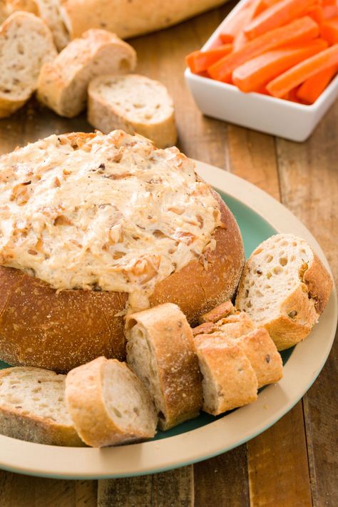 Baked Onion Dip in a Bread Bowl Baked Onion Dip, Bread Bowl Dip, Thanksgiving Apps, Best Thanksgiving Appetizers, Baked Onion, Appetizers Ideas, Bread Bowl Recipe, Baked Onions, New Year's Eve Appetizers