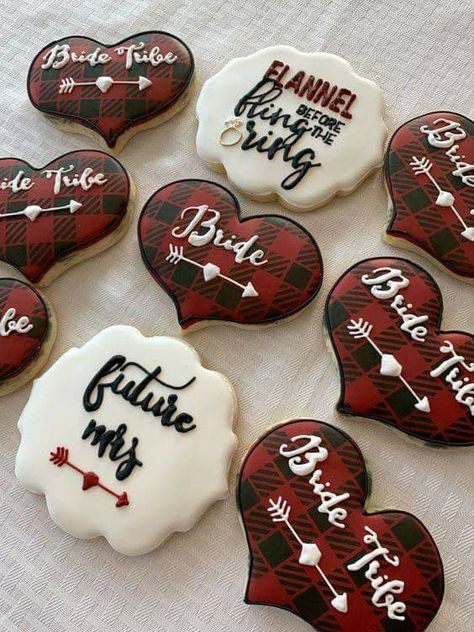 Flannel Fling Before The Ring Decor, Flannel Fling Before The Ring Cookies, Last Flannel Fling Before The Ring, Flannel Cookies Decorated, Flannel Bridal Shower Ideas, Flannel And Fizz Bachelorette Party, Flannel And Fizz Bridal Shower Ideas, Ring Cookies Decorated, Bachelorette Cookies Decorated